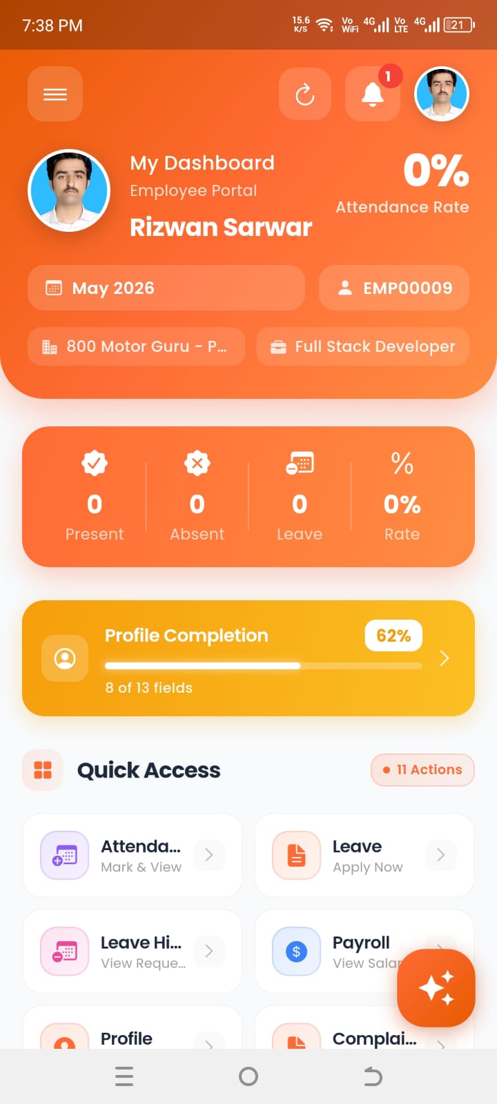 DevNest HRM mobile app — home